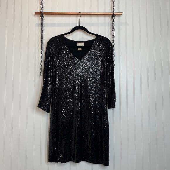 Donna Morgan Black Sequins V-Neck Long Sleeve Mini Sheath Dress Size 10 - Picture 1 of 6